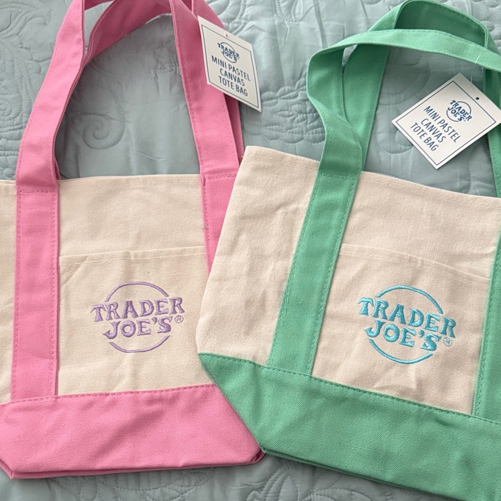 Trader Joe's Pink and Green Canvas Tote Bags